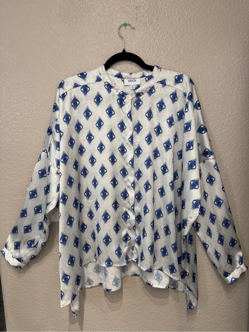 KOCH Oversized Evil Eye Print Blouse Silver Blue Artsy Statement